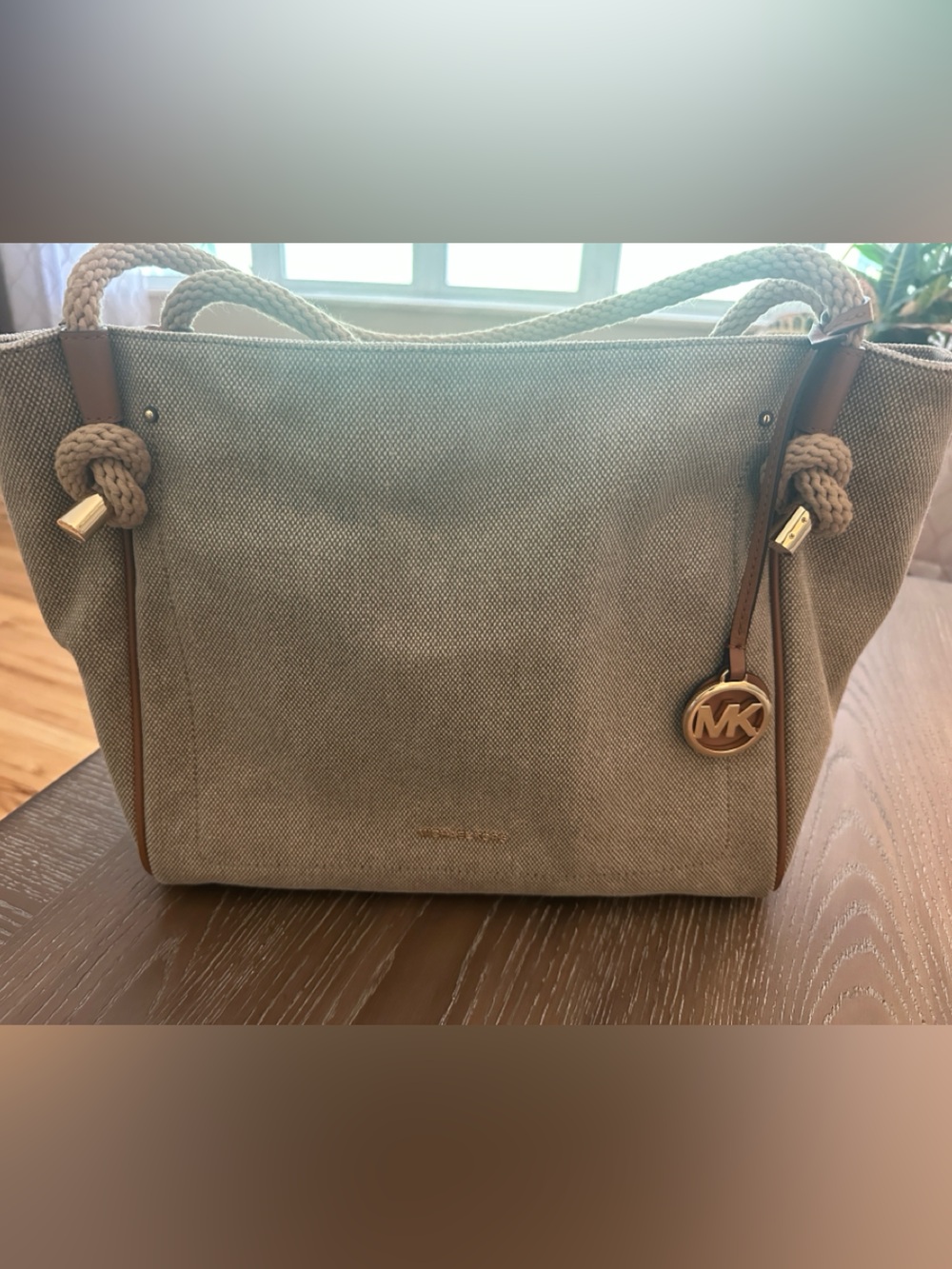 Michael Kors Taupe Canvas Tote with Rope Handles and MK Charm